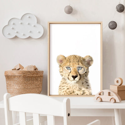 Baby Cheetah Cub with Sunnies - Art Print, Poster, Stretched Canvas or Framed Wall Art, shown framed in a room