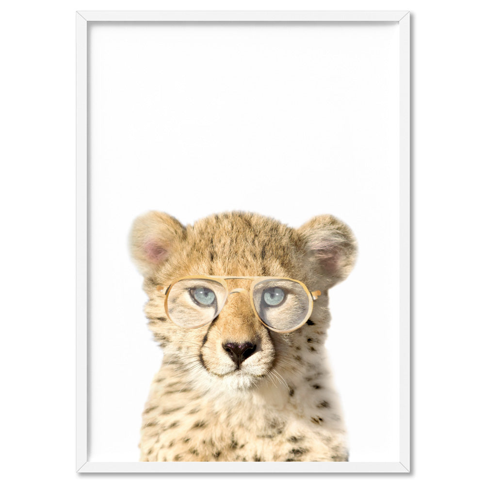 Baby Cheetah Cub with Sunnies - Art Print, Poster, Stretched Canvas, or Framed Wall Art Print, shown in a white frame