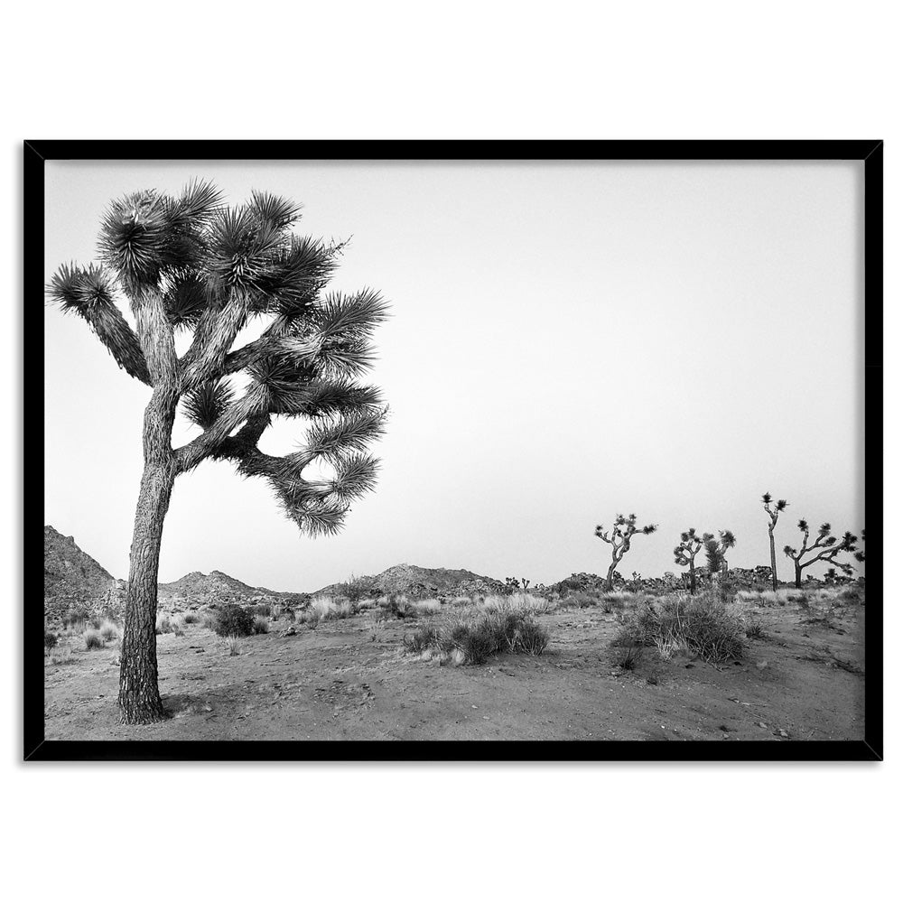 Joshua Tree Desert Landscape Black and White - Art Print, Poster, Stretched Canvas, or Framed Wall Art Print, shown in a black frame