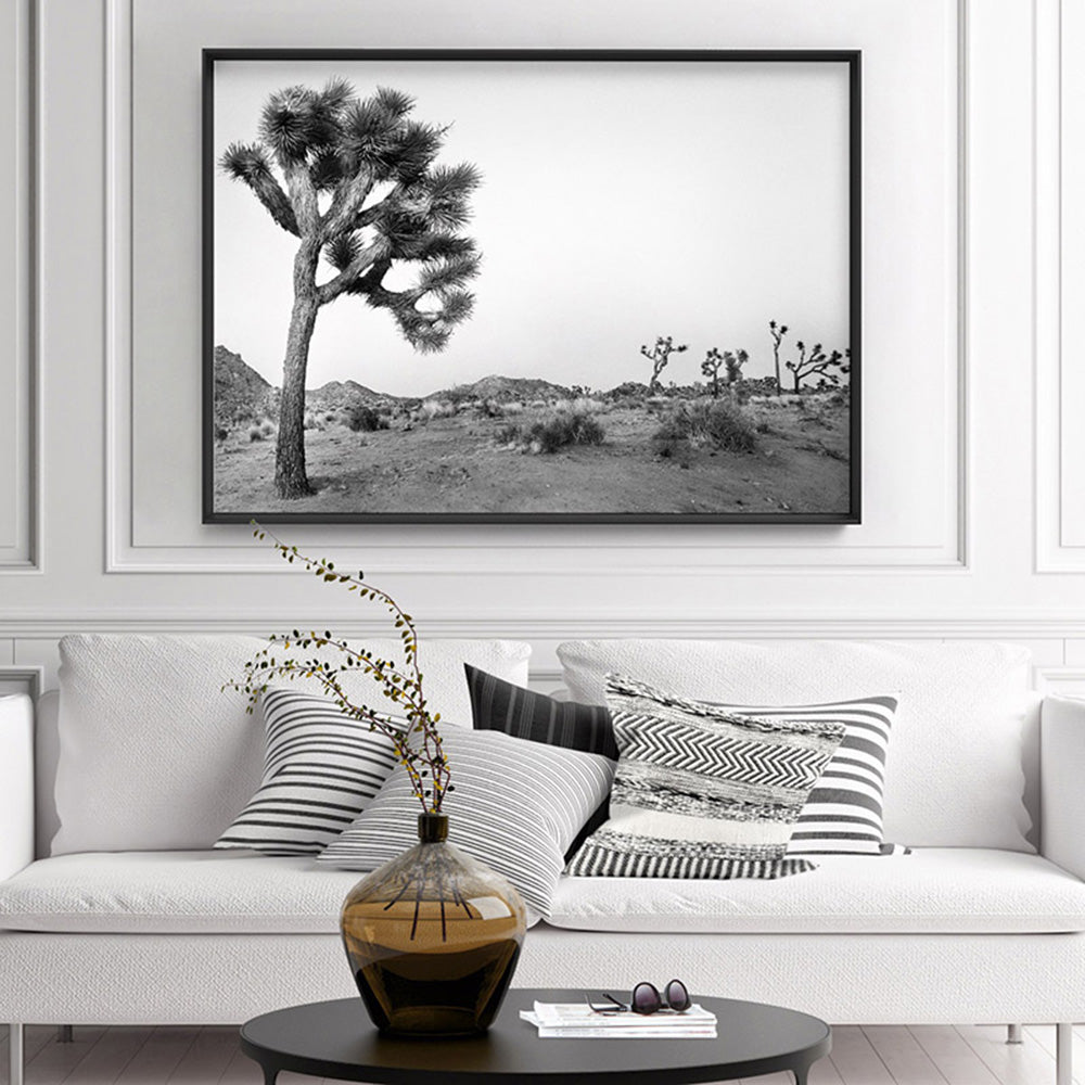 Joshua Tree Desert Landscape Black and White - Art Print, Poster, Stretched Canvas or Framed Wall Art, shown framed in a room