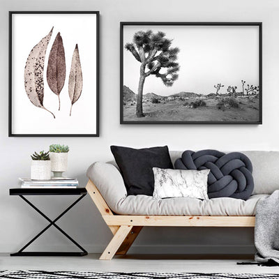 Joshua Tree Desert Landscape Black and White - Art Print, Poster, Stretched Canvas or Framed Wall Art, shown framed in a home interior space