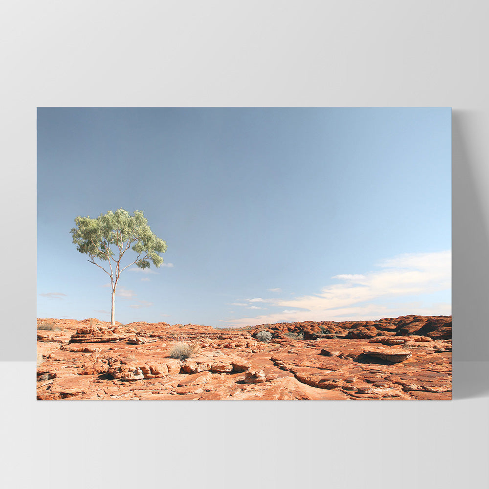 Lone Gumtree Outback View I - Art Print, Poster, Stretched Canvas, or Framed Wall Art Print, shown as a stretched canvas or poster without a frame