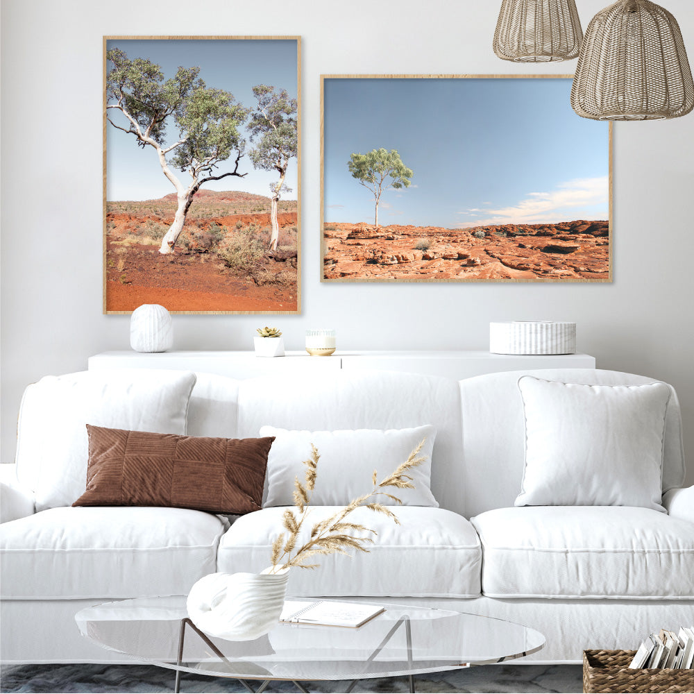 Lone Gumtree Outback View I - Art Print, Poster, Stretched Canvas or Framed Wall Art, shown framed in a home interior space