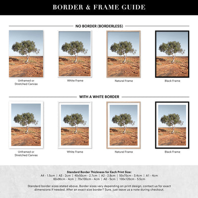 Lone Gumtree Outback View II - Art Print, Poster, Stretched Canvas or Framed Wall Art, Showing White , Black, Natural Frame Colours, No Frame (Unframed) or Stretched Canvas, and With or Without White Borders