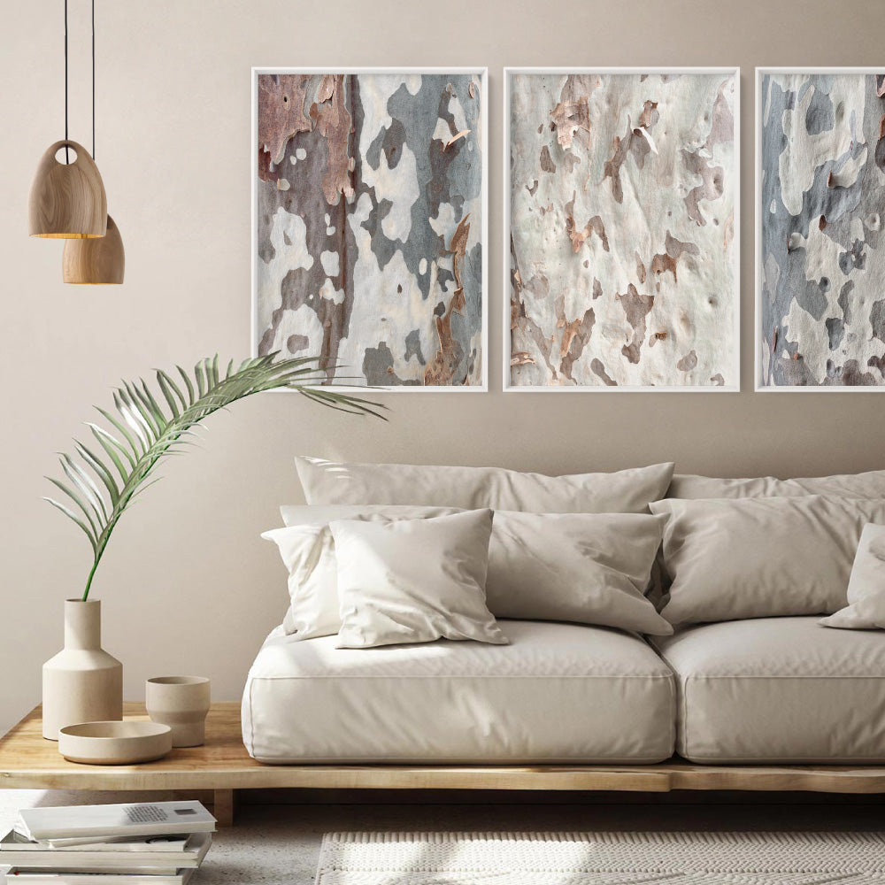Gumtree | Ghost Gum Bark - Art Print, Poster, Stretched Canvas or Framed Wall Art, shown framed in a home interior space