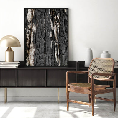 Gumtree | Charred Eucalypt IV - Art Print, Poster, Stretched Canvas or Framed Wall Art, shown framed in a home interior space
