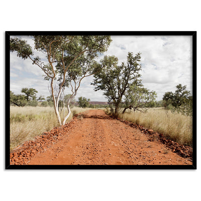 Gumtree Outback Road - Art Print, Poster, Stretched Canvas, or Framed Wall Art Print, shown in a black frame