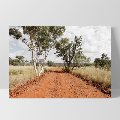 Gumtree Outback Road - Art Print, Poster, Stretched Canvas, or Framed Wall Art Print, shown as a stretched canvas or poster without a frame
