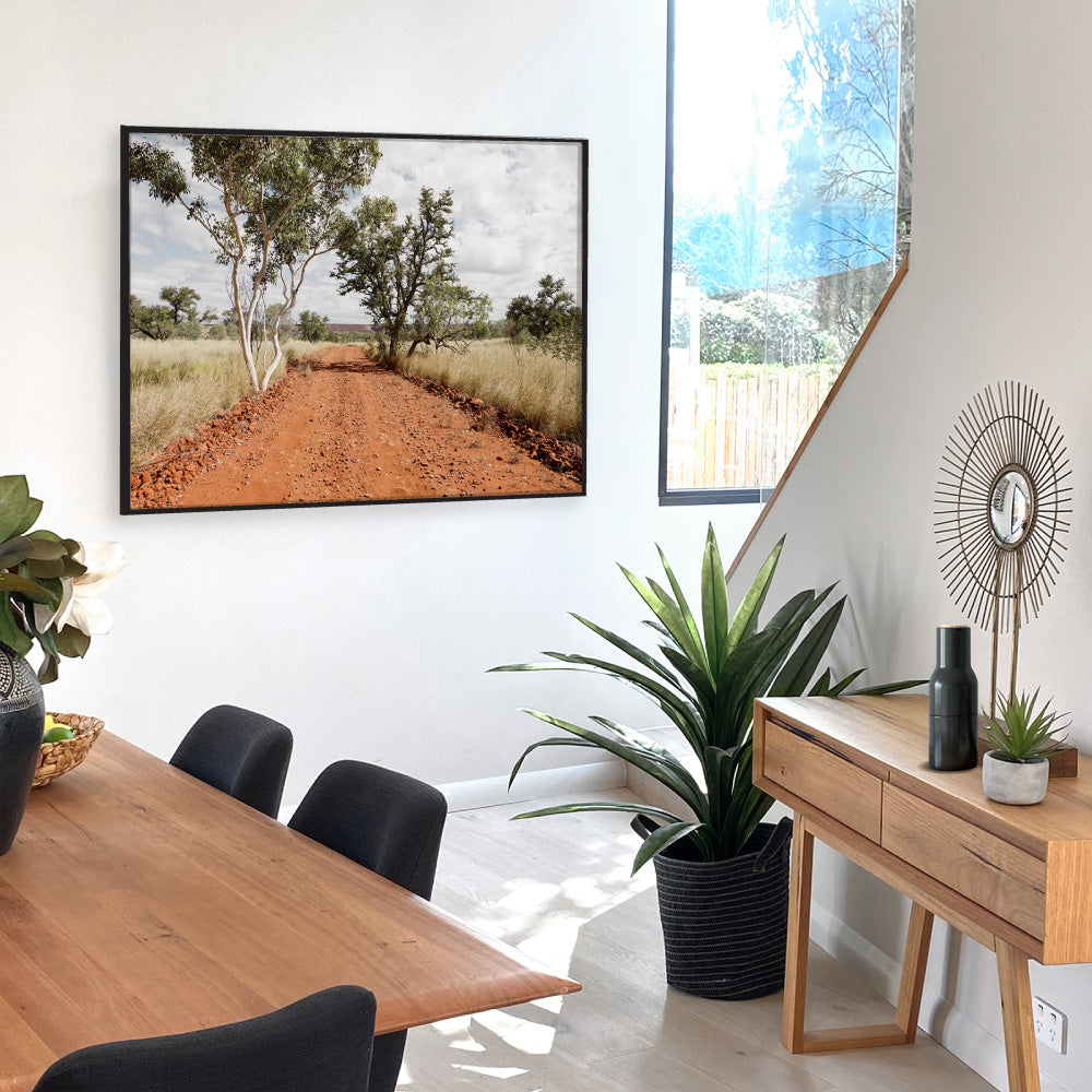Gumtree Outback Road - Art Print, Poster, Stretched Canvas or Framed Wall Art Prints, shown framed in a room