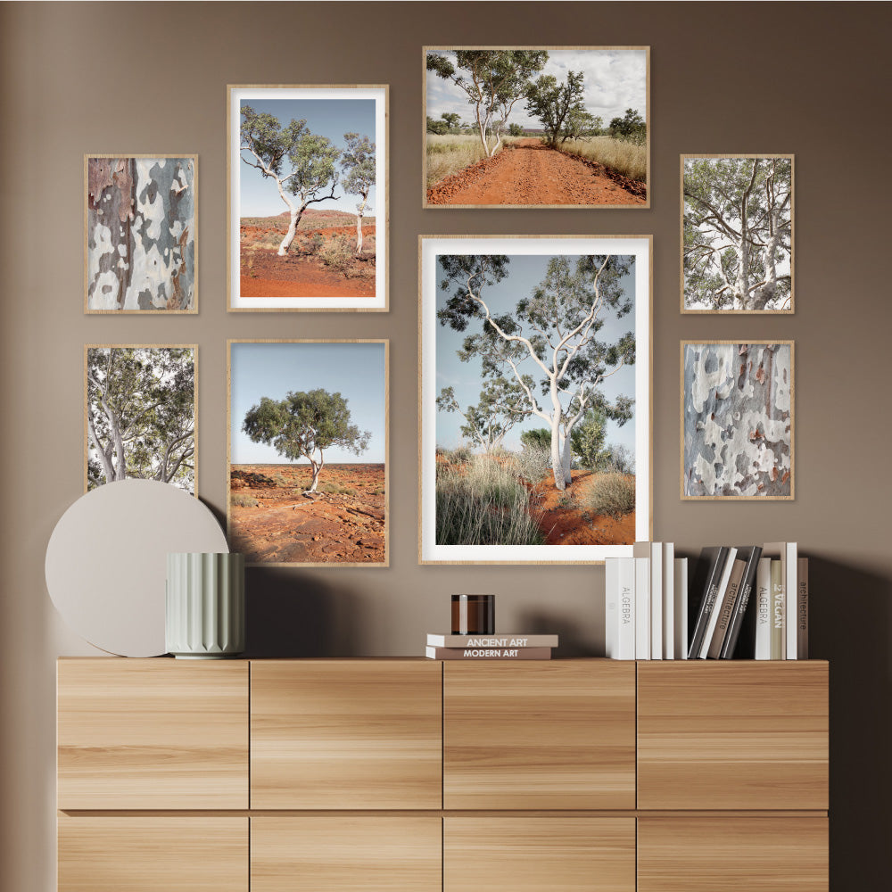 Gumtree Outback Road - Art Print, Poster, Stretched Canvas or Framed Wall Art, shown framed in a home interior space