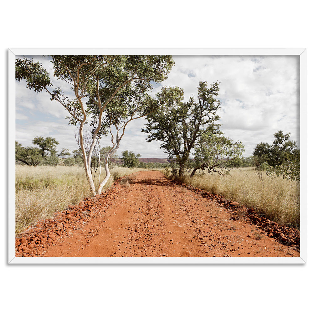 Gumtree Outback Road - Art Print, Poster, Stretched Canvas, or Framed Wall Art Print, shown in a white frame