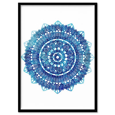 Mandala Watercolour Blues II - Art Print, Poster, Stretched Canvas, or Framed Wall Art Print, shown in a black frame