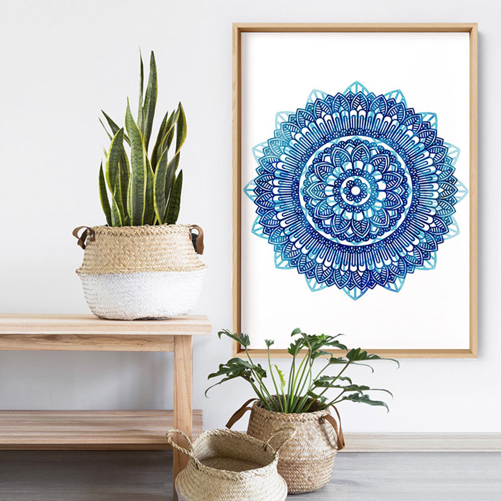 Mandala Watercolour Blues II - Art Print, Poster, Stretched Canvas or Framed Wall Art, shown framed in a room