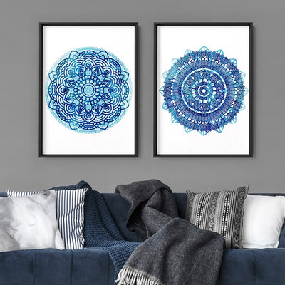 Mandala Watercolour Blues II - Art Print, Poster, Stretched Canvas or Framed Wall Art, shown framed in a home interior space