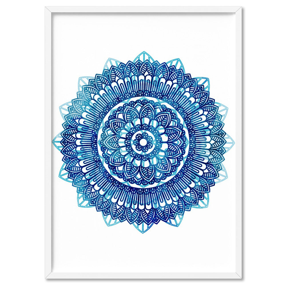 Mandala Watercolour Blues II - Art Print, Poster, Stretched Canvas, or Framed Wall Art Print, shown in a white frame
