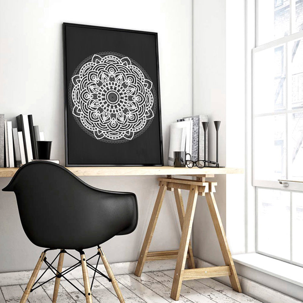 Mandala in Charcoal & White - Art Print, Poster, Stretched Canvas or Framed Wall Art, shown framed in a room
