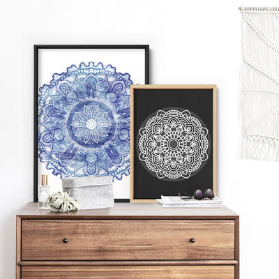 Mandala in Charcoal & White - Art Print, Poster, Stretched Canvas or Framed Wall Art, shown framed in a home interior space