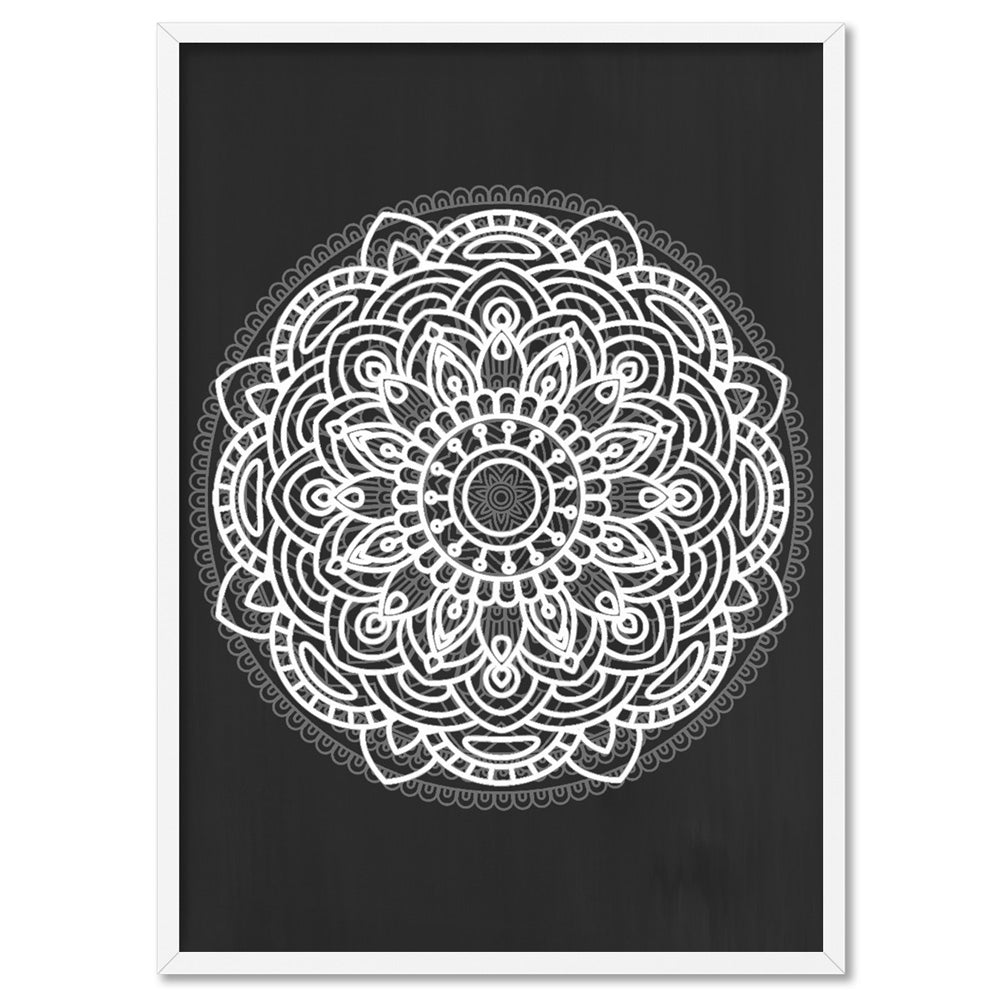 Mandala in Charcoal & White - Art Print, Poster, Stretched Canvas, or Framed Wall Art Print, shown in a white frame