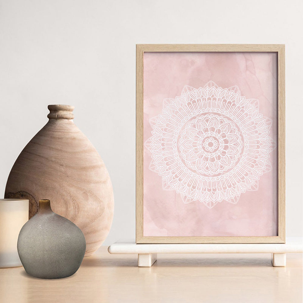 Mandala in Blush - Art Print, Poster, Stretched Canvas or Framed Wall Art, shown framed in a room