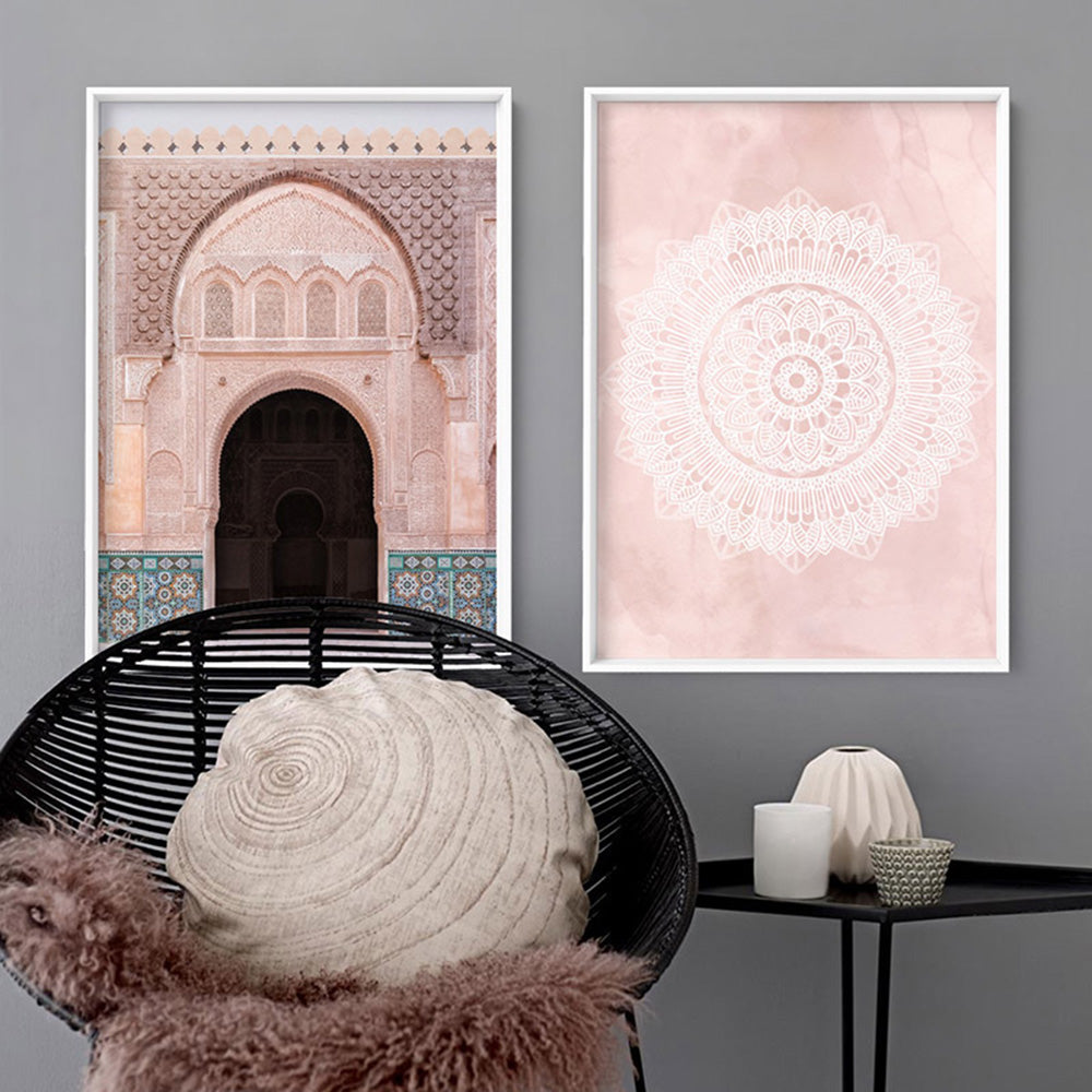 Mandala in Blush - Art Print, Poster, Stretched Canvas or Framed Wall Art, shown framed in a home interior space