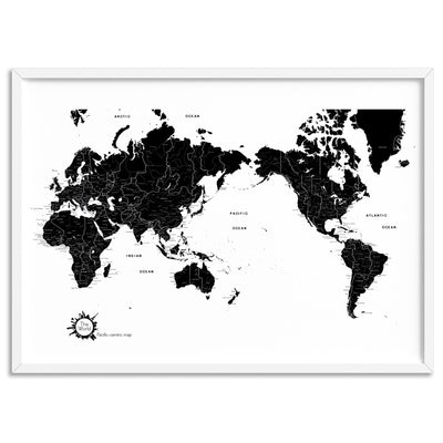 World Map Black & White - Art Print, Poster, Stretched Canvas, or Framed Wall Art Print, shown in a white frame