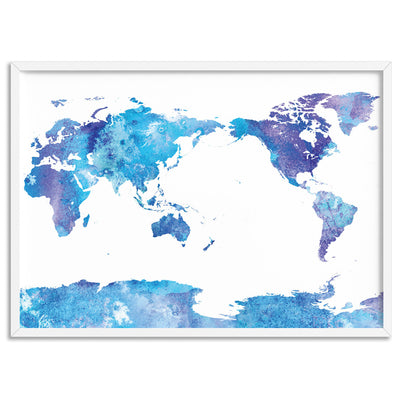 World Map Blue Watercolour - Art Print, Poster, Stretched Canvas, or Framed Wall Art Print, shown in a white frame