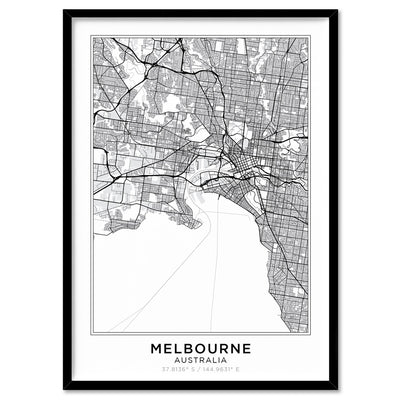 City Map | MELBOURNE - Art Print, Poster, Stretched Canvas, or Framed Wall Art Print, shown in a black frame