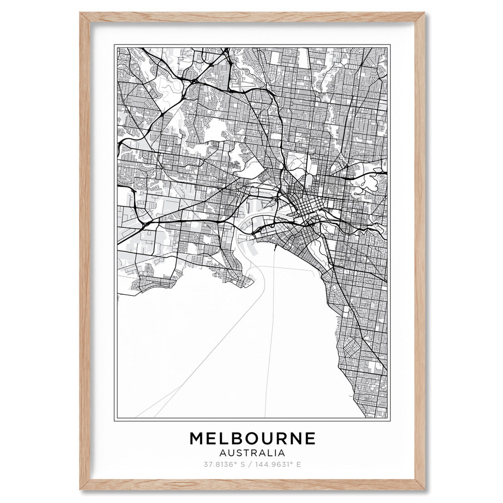 City Map | MELBOURNE - Art Print, Poster, Stretched Canvas, or Framed Wall Art Print, shown in a natural timber frame