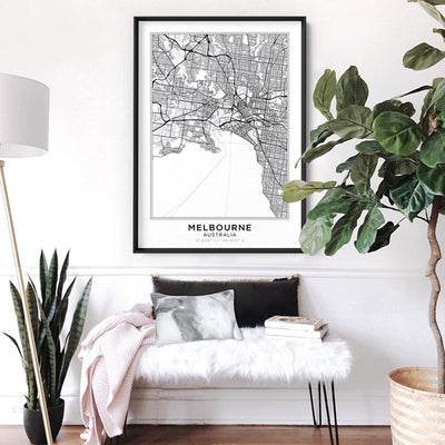 City Map | MELBOURNE - Art Print, Poster, Stretched Canvas or Framed Wall Art, shown framed in a room