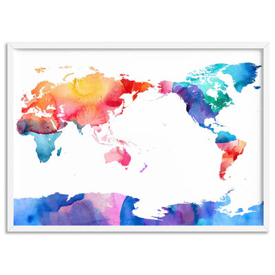 World Map Rainbow Watercolour - Art Print, Poster, Stretched Canvas, or Framed Wall Art Print, shown in a white frame