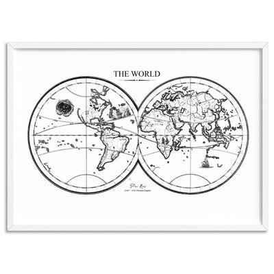 World Map Double Hemisphere - Art Print, Poster, Stretched Canvas, or Framed Wall Art Print, shown in a white frame