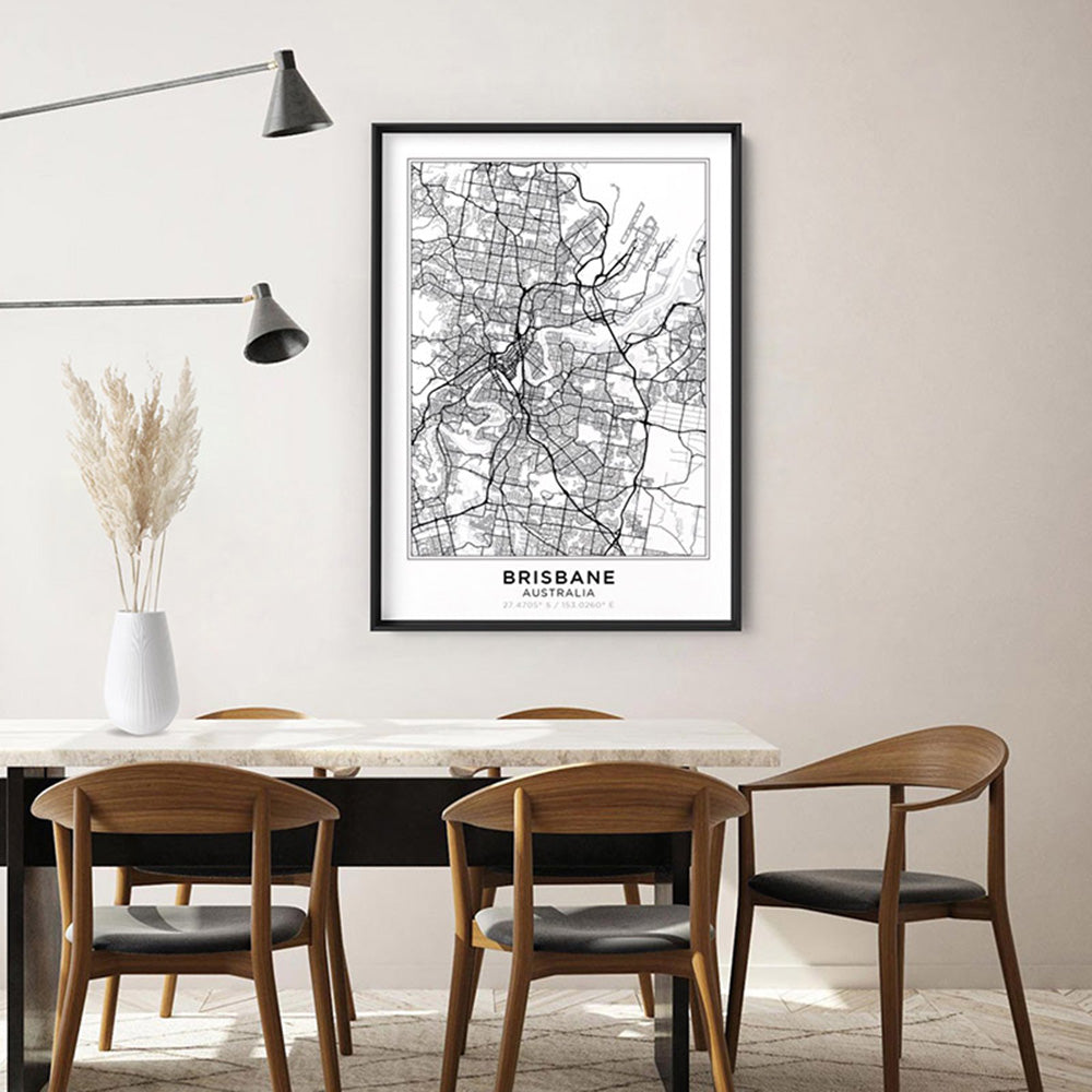City Map | BRISBANE - Art Print, Poster, Stretched Canvas or Framed Wall Art, shown framed in a room