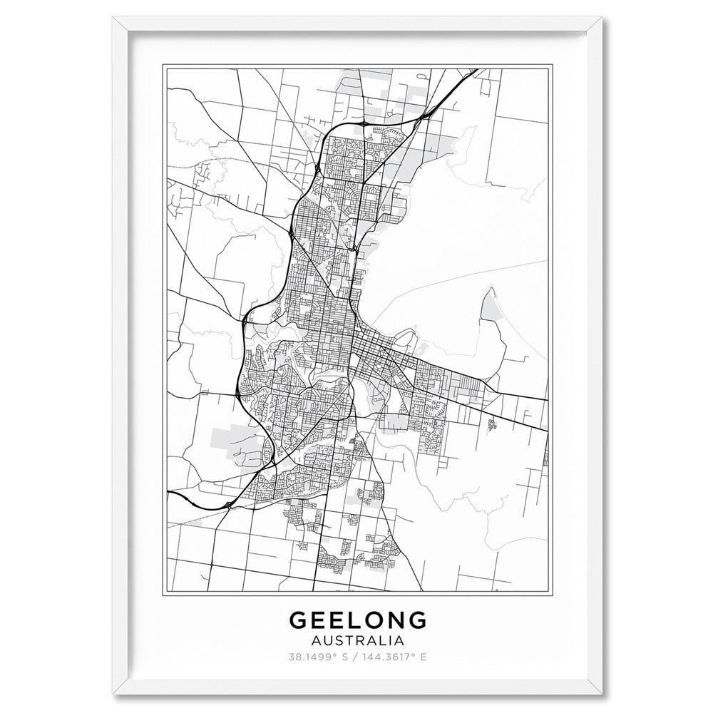 City Map | GEELONG - Art Print, Poster, Stretched Canvas, or Framed Wall Art Print, shown in a white frame