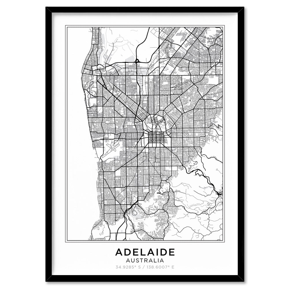 City Map | ADELAIDE - Art Print, Poster, Stretched Canvas, or Framed Wall Art Print, shown in a black frame
