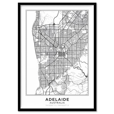 City Map | ADELAIDE - Art Print, Poster, Stretched Canvas, or Framed Wall Art Print, shown in a black frame