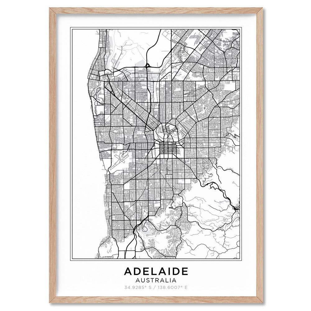 City Map | ADELAIDE - Art Print, Poster, Stretched Canvas, or Framed Wall Art Print, shown in a natural timber frame