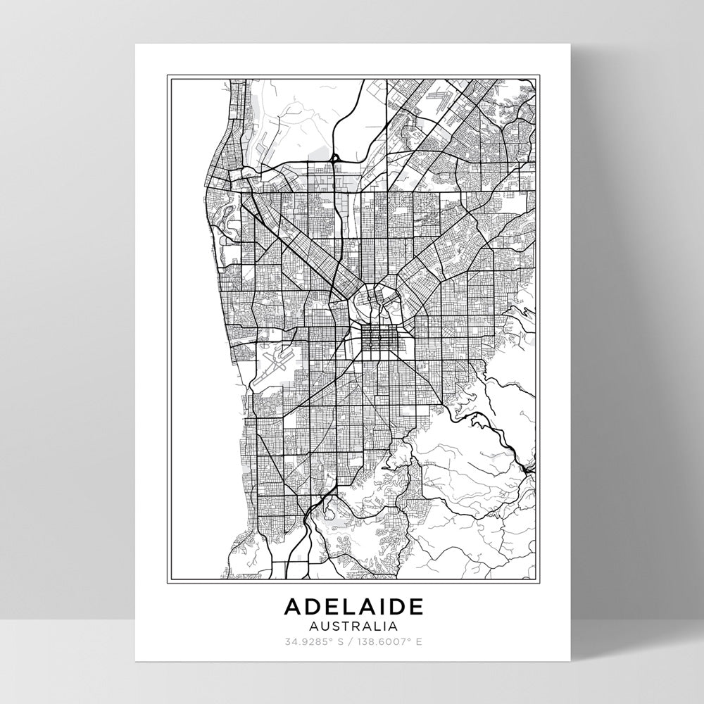 City Map | ADELAIDE - Art Print, Poster, Stretched Canvas, or Framed Wall Art Print, shown as a stretched canvas or poster without a frame