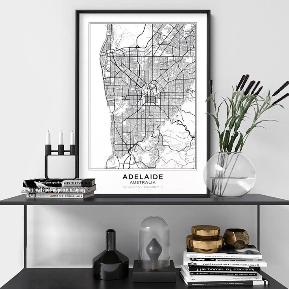 City Map | ADELAIDE - Art Print, Poster, Stretched Canvas or Framed Wall Art, shown framed in a room