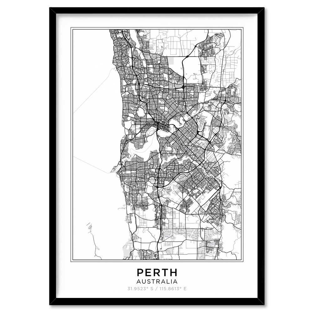City Map | PERTH - Art Print, Poster, Stretched Canvas, or Framed Wall Art Print, shown in a black frame