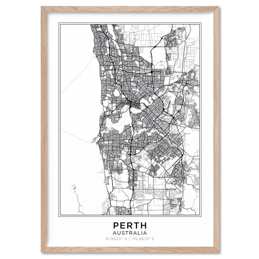 City Map | PERTH - Art Print, Poster, Stretched Canvas, or Framed Wall Art Print, shown in a natural timber frame