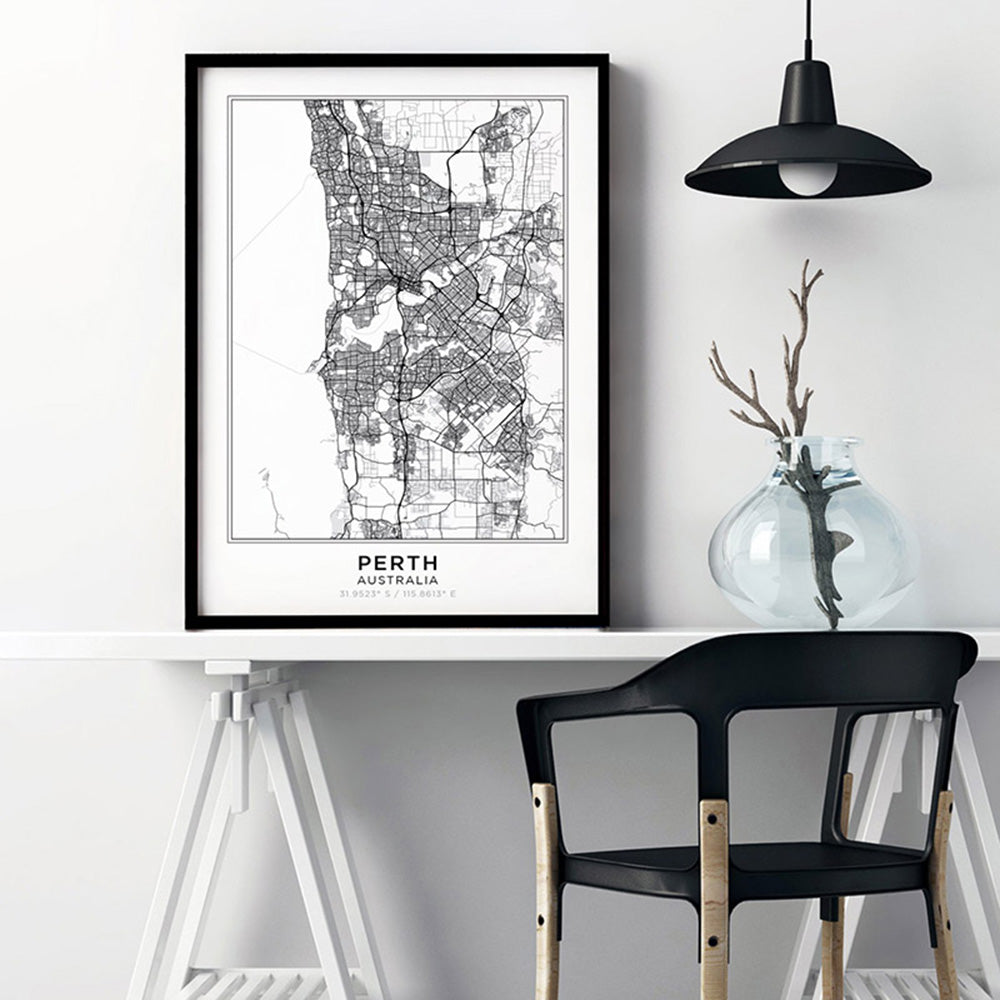 City Map | PERTH - Art Print, Poster, Stretched Canvas or Framed Wall Art, shown framed in a room