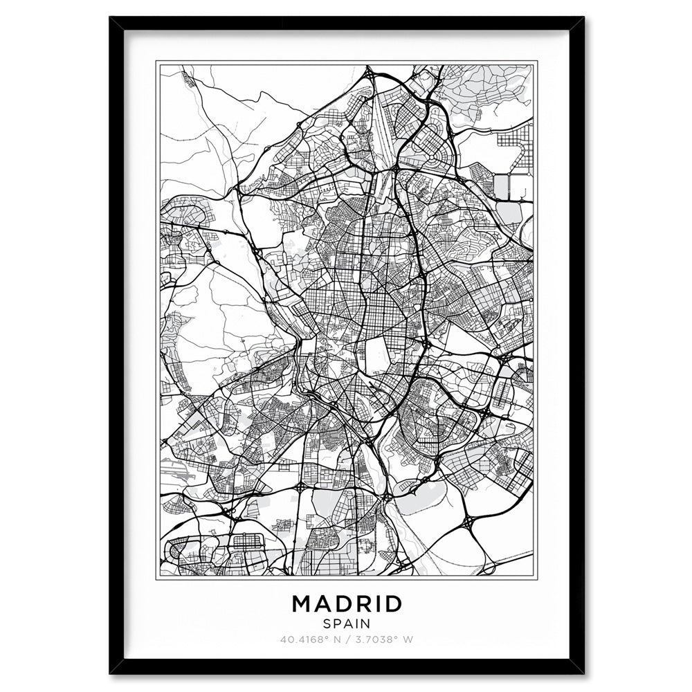 City Map | MADRID - Art Print, Poster, Stretched Canvas, or Framed Wall Art Print, shown in a black frame