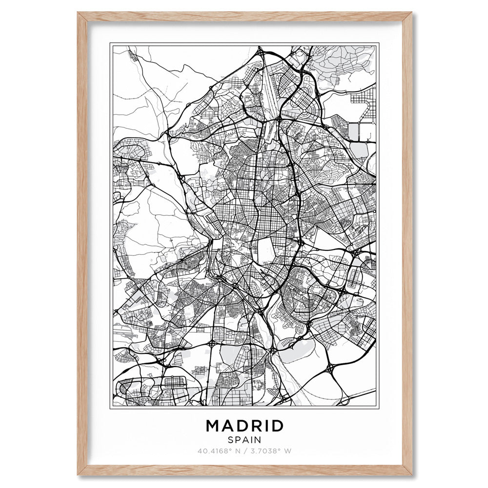 City Map | MADRID - Art Print, Poster, Stretched Canvas, or Framed Wall Art Print, shown in a natural timber frame