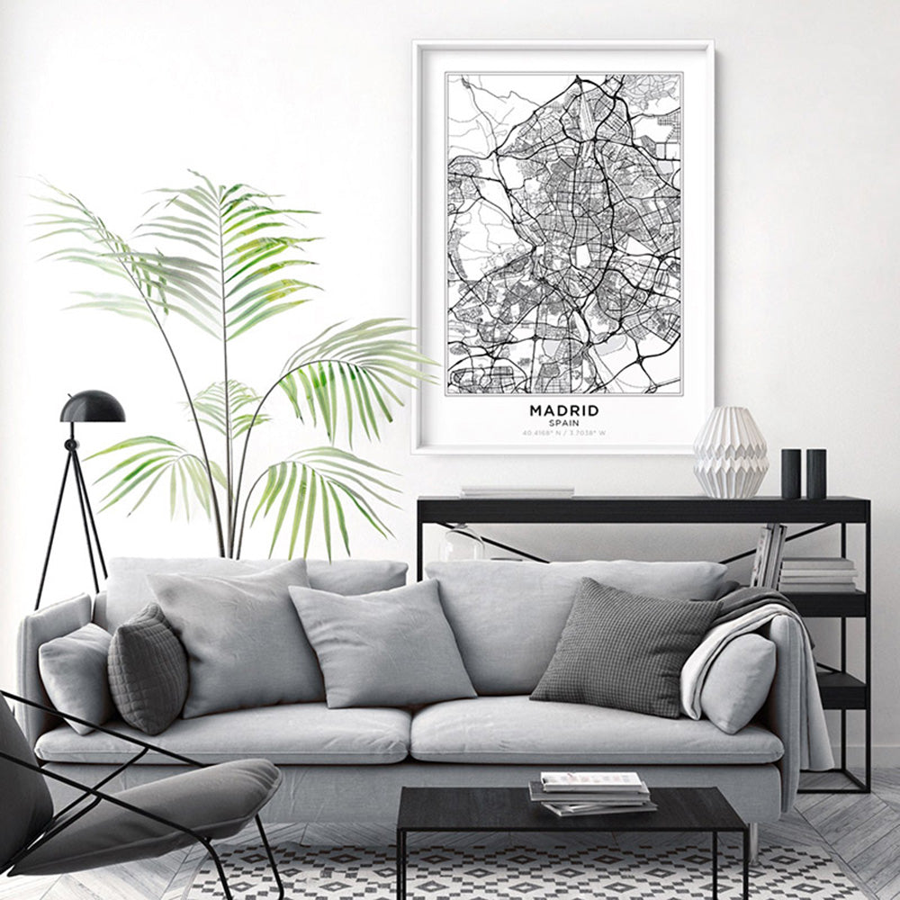 City Map | MADRID - Art Print, Poster, Stretched Canvas or Framed Wall Art, shown framed in a room