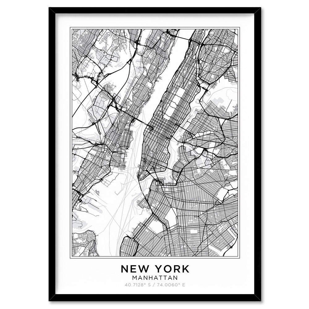 City Map | NEW YORK - Art Print, Poster, Stretched Canvas, or Framed Wall Art Print, shown in a black frame