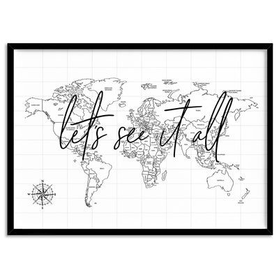 World Map | Let's See it All - Art Print, Poster, Stretched Canvas, or Framed Wall Art Print, shown in a black frame
