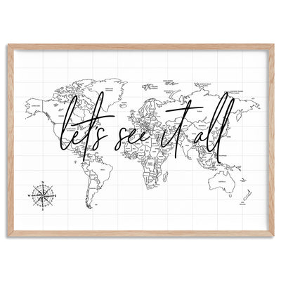 World Map | Let's See it All - Art Print, Poster, Stretched Canvas, or Framed Wall Art Print, shown in a natural timber frame