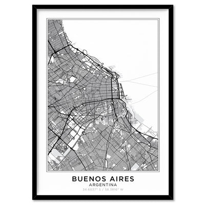 City Map | BUENOS AIRES - Art Print, Poster, Stretched Canvas, or Framed Wall Art Print, shown in a black frame