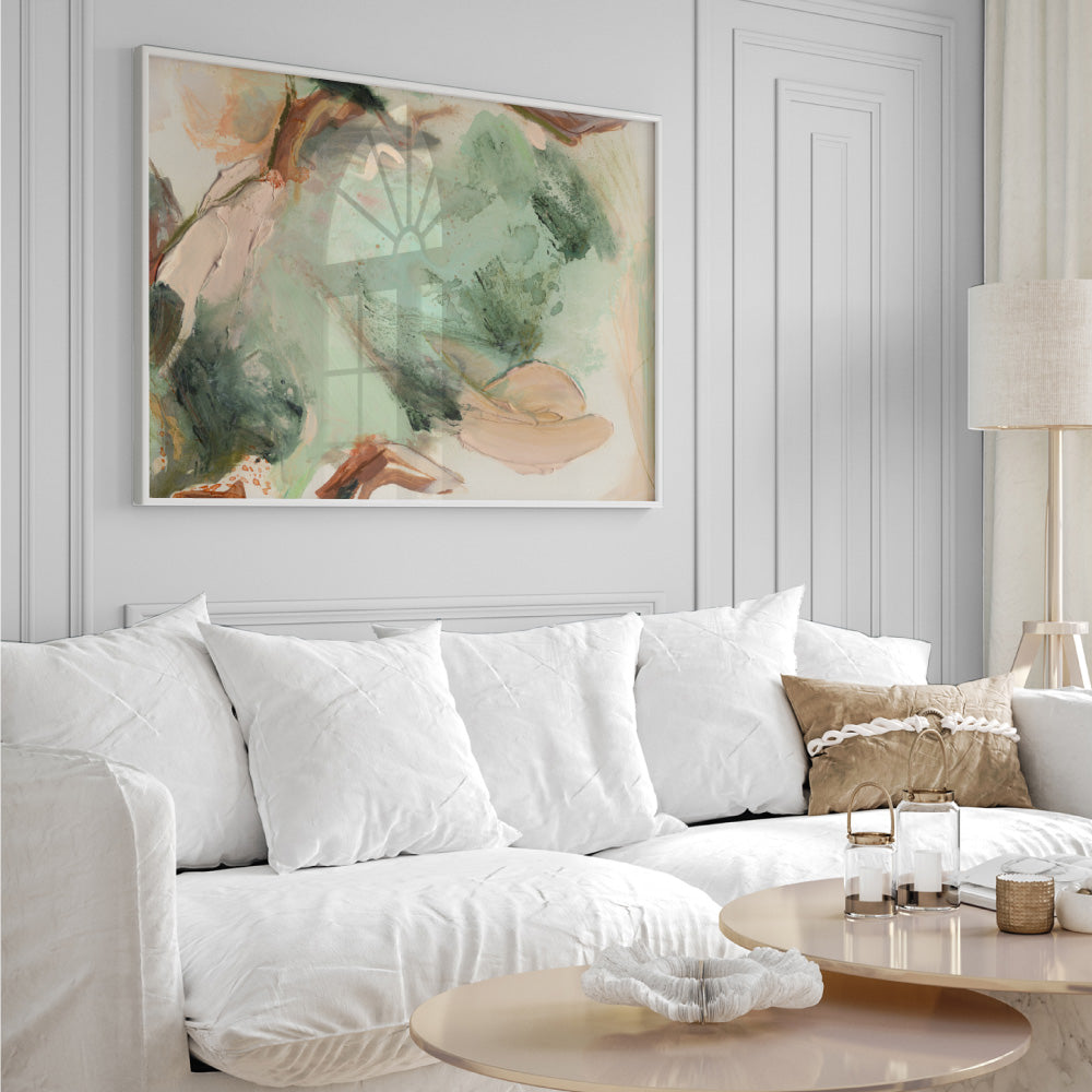 Rosa Verde - Art Print by Nicole Schafter, Poster, Stretched Canvas or Framed Wall Art, shown framed in a home interior space