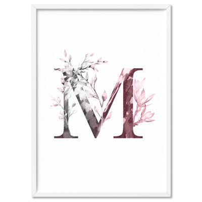 Custom Personalised Floral Watercolour Grey & Blush Initial - Art Print, Poster, Stretched Canvas, or Framed Wall Art Print, shown in a white frame